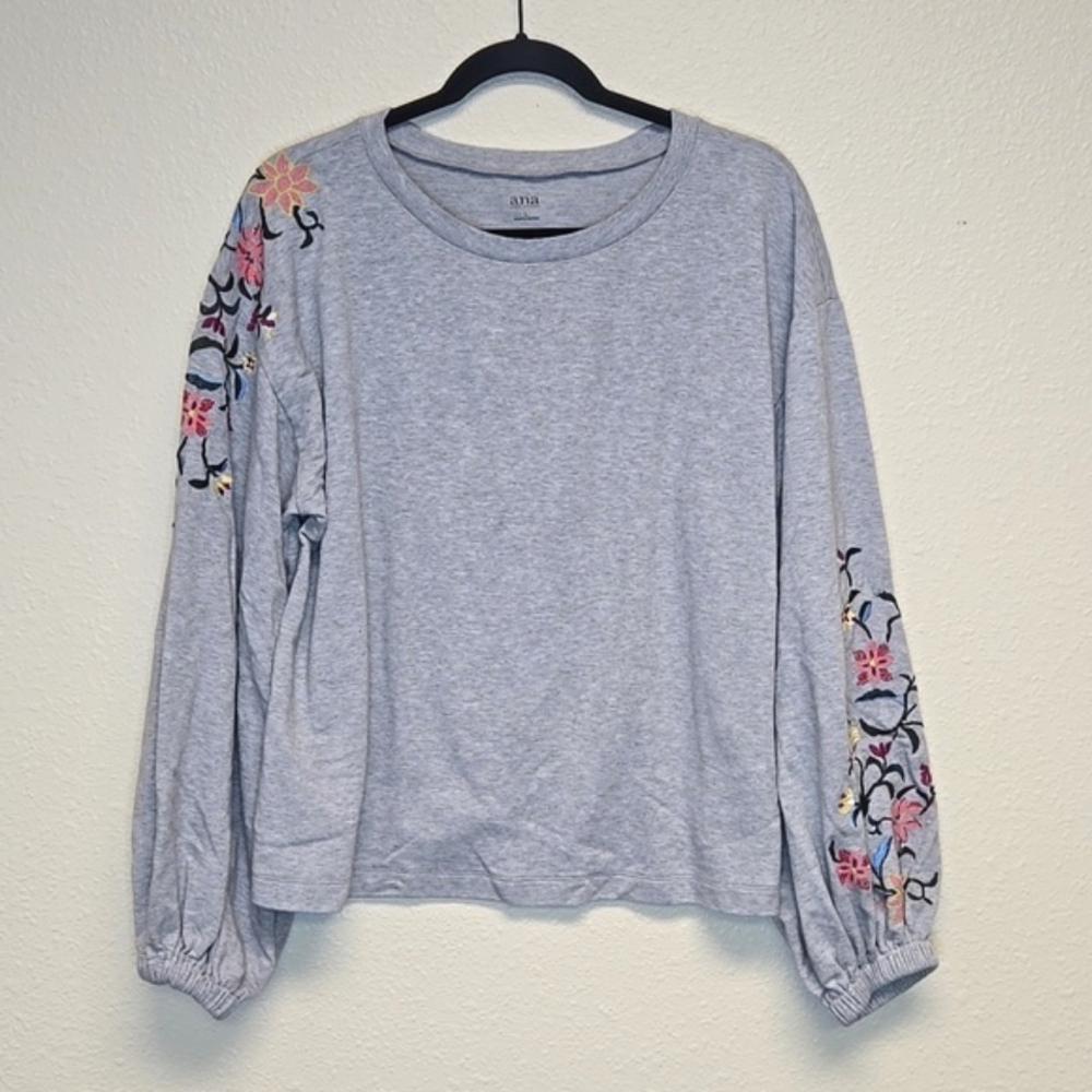 a.n.a. Floral Embroidery Heather Gray Cotton Terry Knit Top